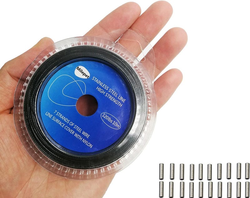 Milepetus Fishing line Wire Leader Vinyl Coated Stainless Steel Trace Lures Leader Wire 10 Meter 5LB-150LB,with 20pcs Crimps Sleeves,Black & Silver Select (Black, 10LB) - Image 1